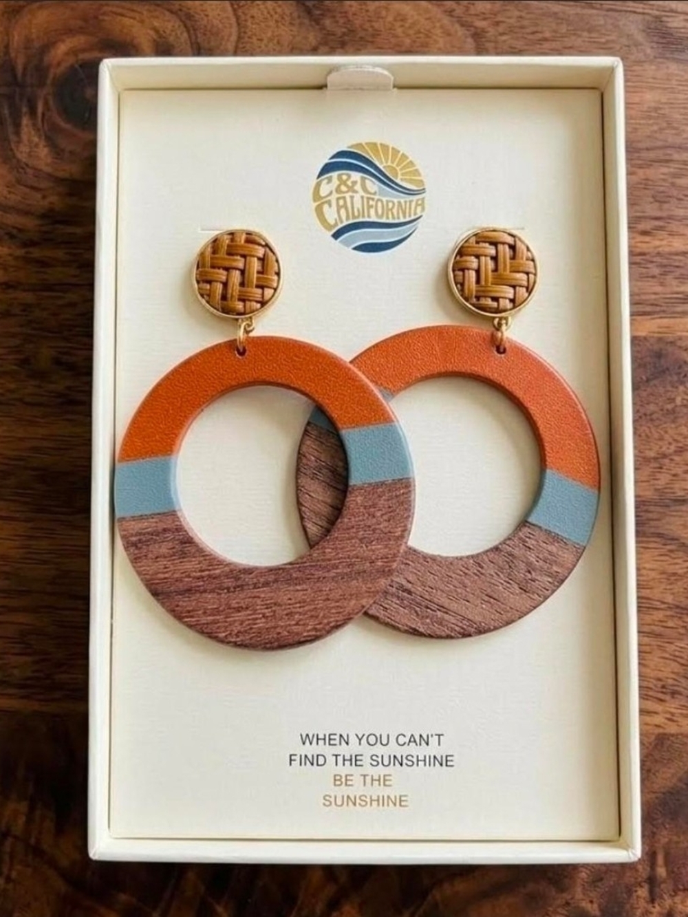 C&C California Orange, Blue & Wood Hoop Earrings with Woven Stud